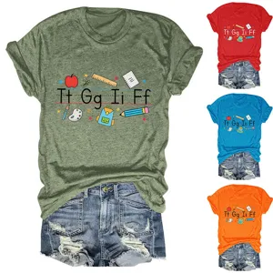 Casual cute teacher alphabet graphic print short sleeve crewneck t-shirt for women.