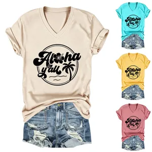 Close-up detail showing the V-neck design, tropical Aloha y'all print, and multiple color options.