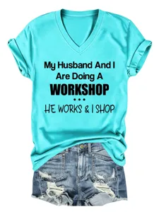 T-shirt femme turquoise col V manches courtes avec imprimé citation amusante mode été