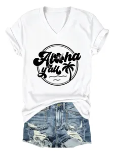 Casual women's white V-neck short sleeve t-shirt with Aloha y'all tropical graphic print.