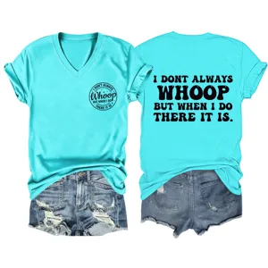 Women casual short sleeve V-neck t-shirt with funny text print paired with denim shorts