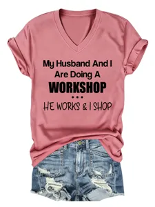 T-shirt femme décontracté col V manches courtes avec imprimé lettre rose top d'été