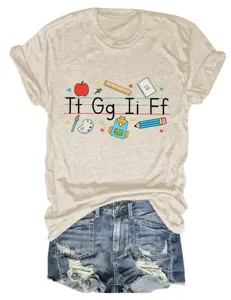 Casual women's short sleeve t-shirt with cute school print paired with denim shorts, comfy.