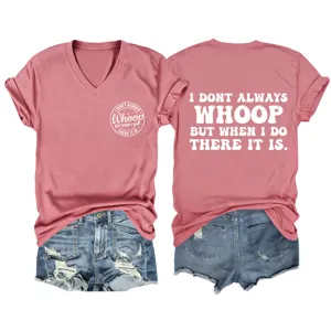 Casual women's V-neck short sleeve t-shirt featuring fun graphic letter print design.