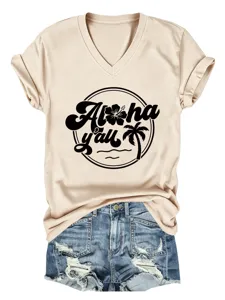 Casual V-neck short sleeve T-shirt for women featuring an Aloha y'all tropical graphic print.