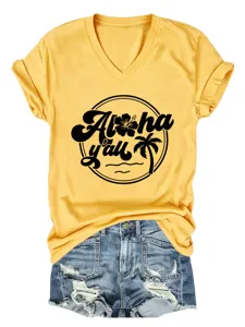 Women casual V-neck short sleeve T-shirt with summer palm tree graphic and denim shorts.
