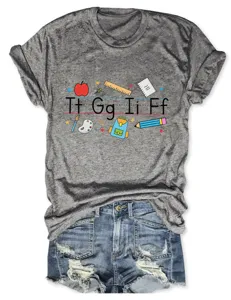 Casual women short sleeve t-shirt with school letters apple ruler print detail view top.