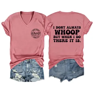 Pink V-neck short sleeve t-shirt for women with funny letter print casual tee top.