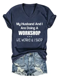 T-shirt à col V et manches courtes pour femme avec imprimé amusant et short en jean.