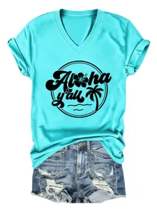 Casual turquoise V-neck short sleeve t-shirt with tropical aloha graphic for women.