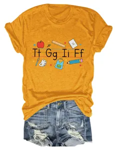 Women's Casual Alphabet School Print Mustard Yellow Short Sleeve T-Shirt with Denim Shorts