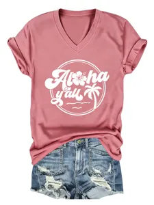 Casual women's pink V-neck short sleeve T-shirt with Aloha y'all tropical graphic print.