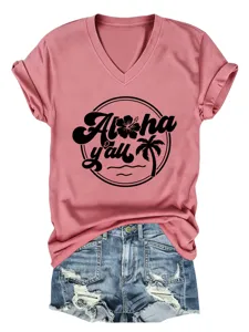 Casual pink V-neck short sleeve T-shirt with tropical Aloha print and denim shorts detail.