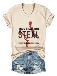 Γυναικείο casual t-shirt με V-neck και κοντό μανίκι, σχέδιο μπέιζμπολ και τυπωμένο ρητό.
