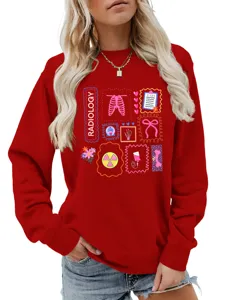Women red long sleeve sweatshirt casual crewneck pullover with radiology medical graphic print.