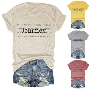 T-shirt décontracté à manches courtes pour femmes avec imprimé lettré et col rond élégant.