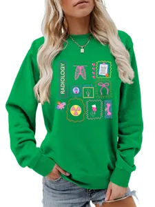 Detail view of the green radiology long sleeve sweatshirt, featuring the chest graphic print.