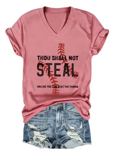 Γυναικείο casual T-shirt με V-neck κοντομάνικο baseball στάμπα, ιδανικό καλοκαιρινό top