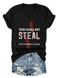 Γυναικείο μαύρο T-shirt με V-neck και κοντό μανίκι με στάμπα baseball quote casual top