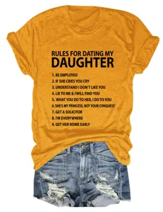 Lässiges gelbes Damen Kurzarm T-Shirt mit lustigen Dating-Regeln Buchstaben bedruckt.