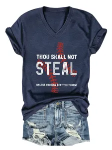 Γυναικείο σκούρο μπλε T-shirt με V-neck κοντό μανίκι και στάμπα μπέιζμπολ τοπ.