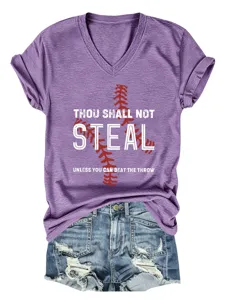 Γυναικείο T-shirt με V λαιμόκοψη κοντομάνικο casual baseball graphic top με τζιν σορτς