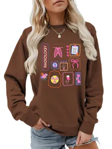 Detailed view of the radiology theme cute cartoon print on the brown long sleeve sweatshirt.