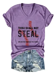 Γυναικείο casual T-shirt με V-neck και κοντό μανίκι με σχέδιο εκτύπωσης γράμματος baseball.