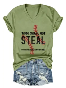 Casual prasino t-shirt me V-laimo kai grafiko baseball gia gynaikes to kalokairi.
