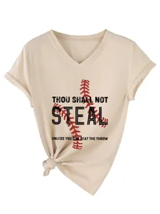 Casual γυναικείο T-shirt V-larios κοντομάνικο με κόμπο και σχέδιο μπέιζμπολ