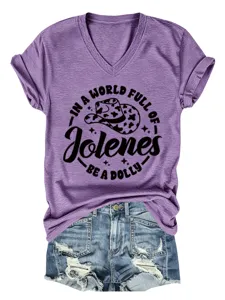 T-shirt violet à col V et manches courtes avec imprimé graphique, haut femme décontracté.