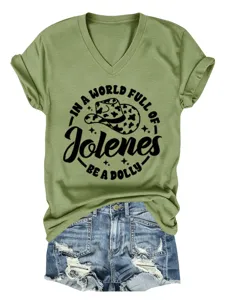 T-shirt décontracté pour femme vert olive à col en V et manches courtes avec imprimé lettre et jean.