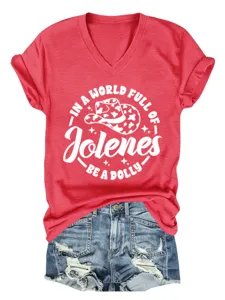 T-shirt rouge à col en V et manches courtes avec imprimé graphique, vêtement décontracté.