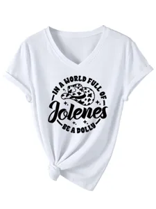 Vue détaillée du t-shirt blanc à col V et manches courtes avec imprimé graphique et nœud.