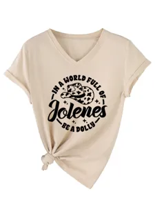 T-shirt femme décontracté col V manches courtes beige avec imprimé graphique nœud.
