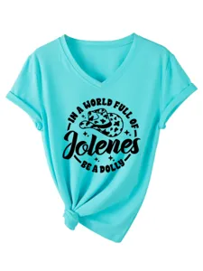 T-shirt décontracté pour femme turquoise à col en V, manches courtes et nœud à l'ourlet.