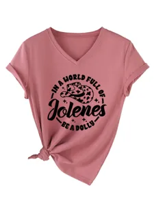 T-shirt femme décontracté à col V et manches courtes avec imprimé et nœud avant.
