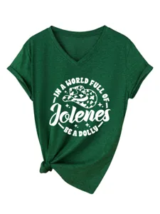T-shirt a manches courtes et col en V vert fonce decontracte pour femme avec imprime.