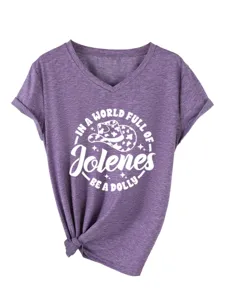 T-shirt femme violet décontracté à col V et manches courtes avec imprimé et nœud.