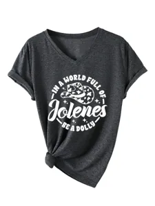 T-shirt décontracté à manches courtes et col en V pour femme avec imprimé graphique stylé.