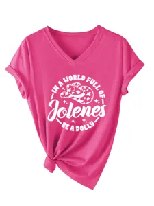 T-shirt femme décontracté à col V et manches courtes avec imprimé graphique et ourlet noué.