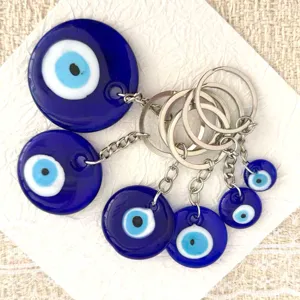 Turkish evil eye glass keychain set, blue nazar amulet pendant bag charm accessories.