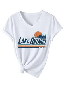 Maglietta Casual Donna Collo a V Maniche Corte Stampa Vintage Lago Ontario Top Bianco