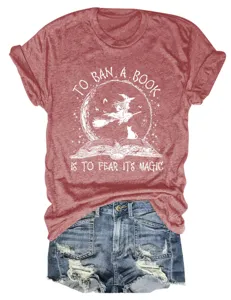 Women short sleeve t-shirt with book and witch graphic print, casual round neck summer top.