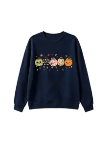 Cute cartoon pumpkin print autumn winter crewneck sweatshirt for kids daily casual wear.