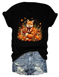 Damen Herbst Fuchs Grafik Kurzarm T-Shirt mit Jeansshorts Lässiges Mode Oberteil Top