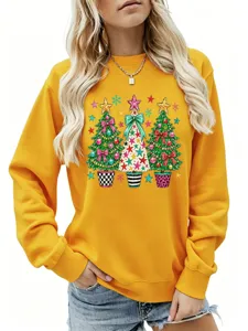 Damen Weihnachtsbaum Grafik Langarm gelber Sweatshirt Freizeit Urlaub Pullover Top