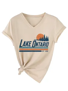 Maglietta estiva da donna vintage Lake Ontario con scollo a V e nodo casual chic