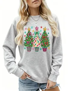 Detailansicht des grauen Damen Weihnachtsbäume Print Sweatshirts, gemütlich und festlich.