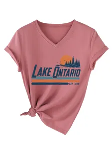 Donna Vintage Lake Ontario Est 1656 Casual Collo a V Maniche Corte T-Shirt Grafica Top.